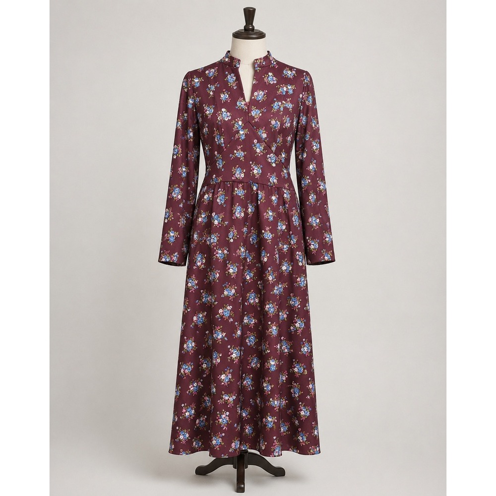 Vintage 70s Handmade Burgundy Floral Maxi Dress Long Sleeve Prairie Cottagecore